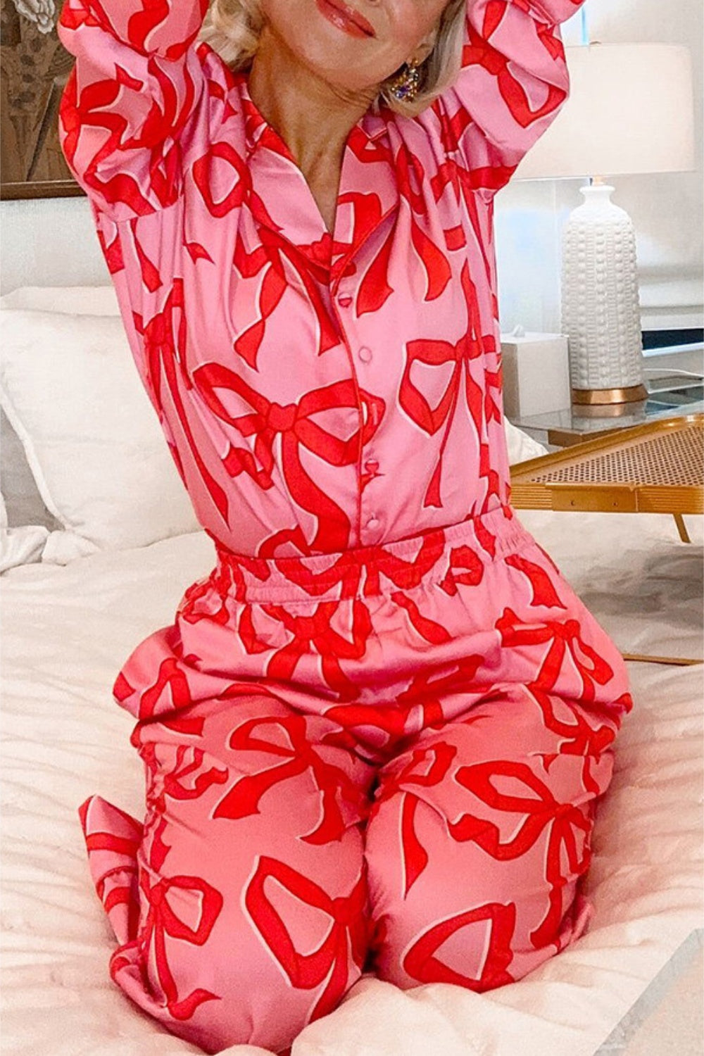 Pink and red bow print lounge set with collared neck