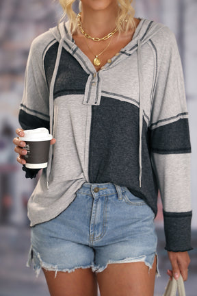 Multicolor Color block Ribbed Henley Hoodie