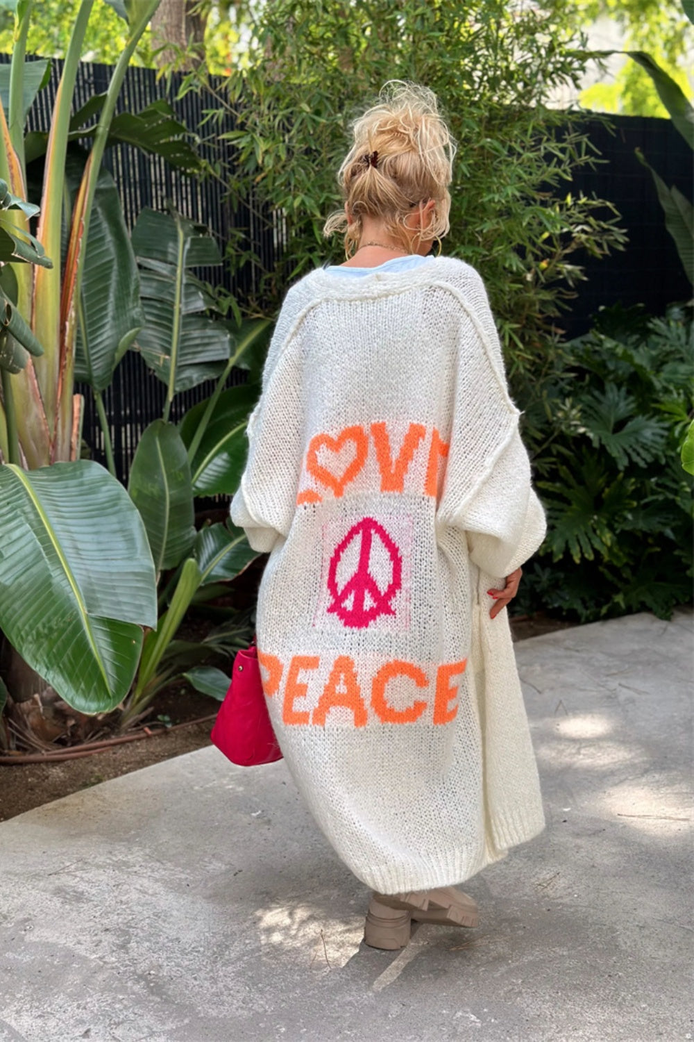 White long sleeve cardigan with love and peace design