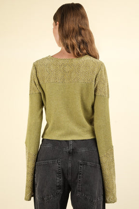 V-neck lace detail crop knit top with bell sleeves, back view