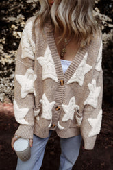 Beige star button-up long sleeve cardigan with pockets