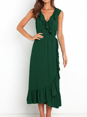 Dark green ruffled surplice sleeveless midi dress front view