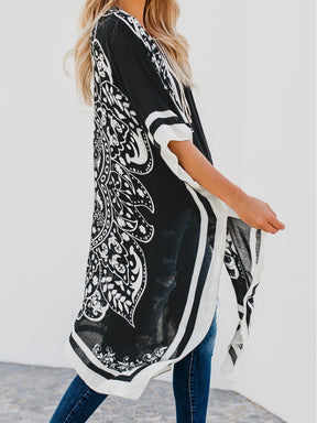 Side view of black and white printed cover-up