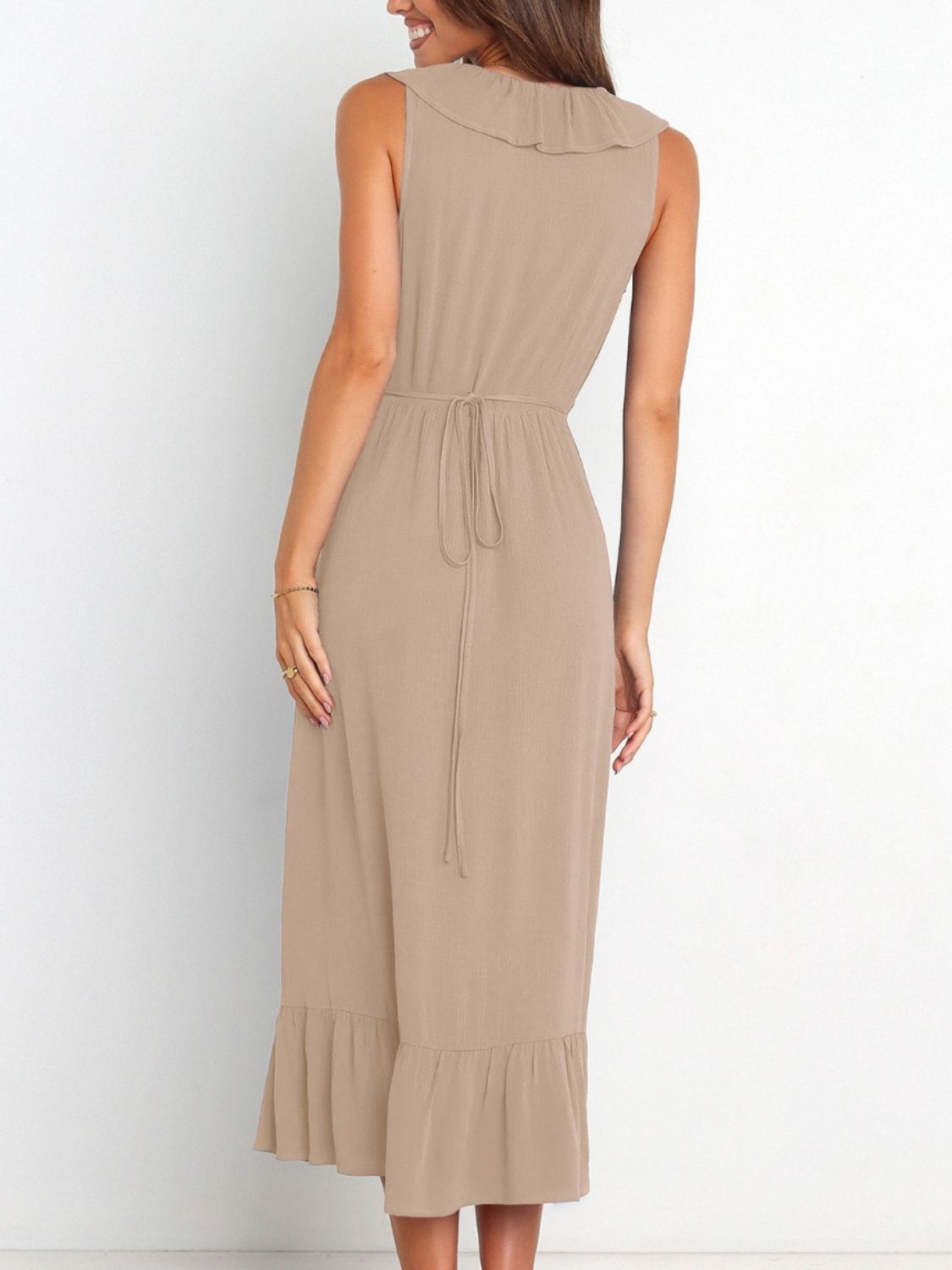 Khaki ruffled surplice sleeveless midi dress back view