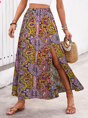 Colorful paisley slit skirt, elastic waist, bold pattern