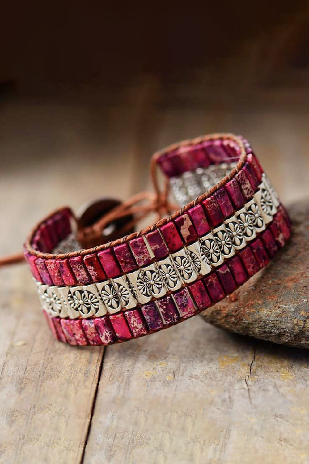 Red triple layer natural stone bracelet