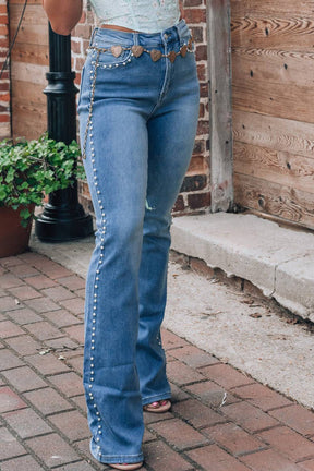 Pearl Trim High Waist wide leg Jeans