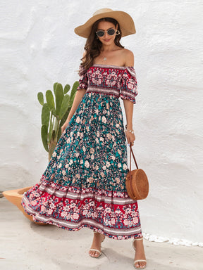 Off-shoulder floral midi dress with flounce sleeves and straw hat.