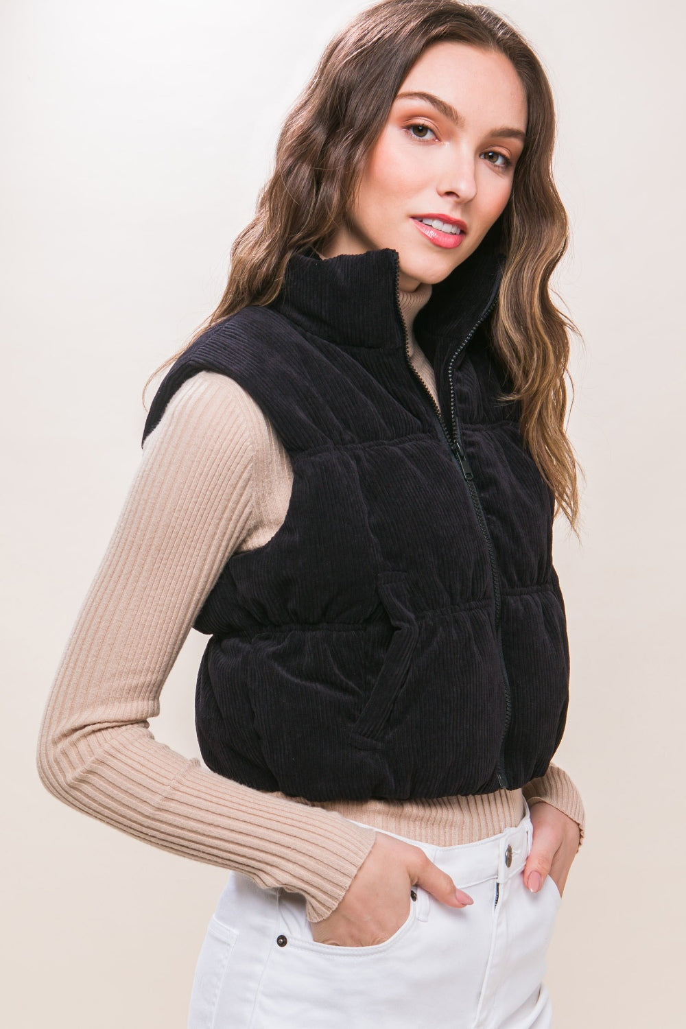 Love Tree Corduroy Zip Up Puffer Vest with Pockets, side view