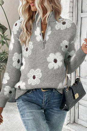 Gray flower half zip long sleeve sweater