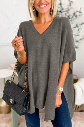 Dark gray slit V-neck half sleeve knit top