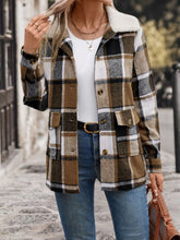 Perfee plaid button-up jacket with pockets and collared neck