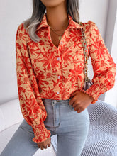 Pumpkin floral collared neck long sleeve shirt