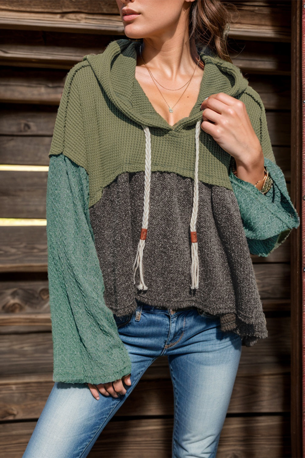 Waffle-knit color block hooded top with high-low hem