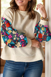 Plus Size Texture Printed Round Neck Long Sleeve Blouse