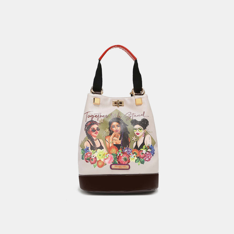 Nicole Lee USA bucket bag with illustrated women and floral design