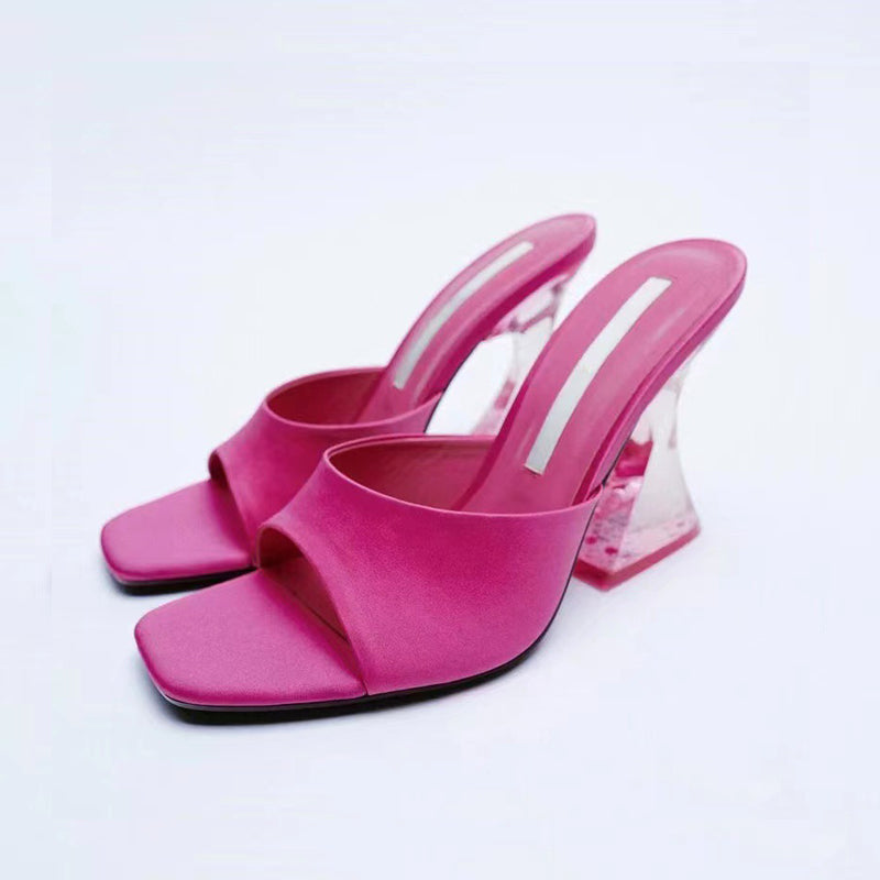 Pink open toe high heel sandals with clear block heel