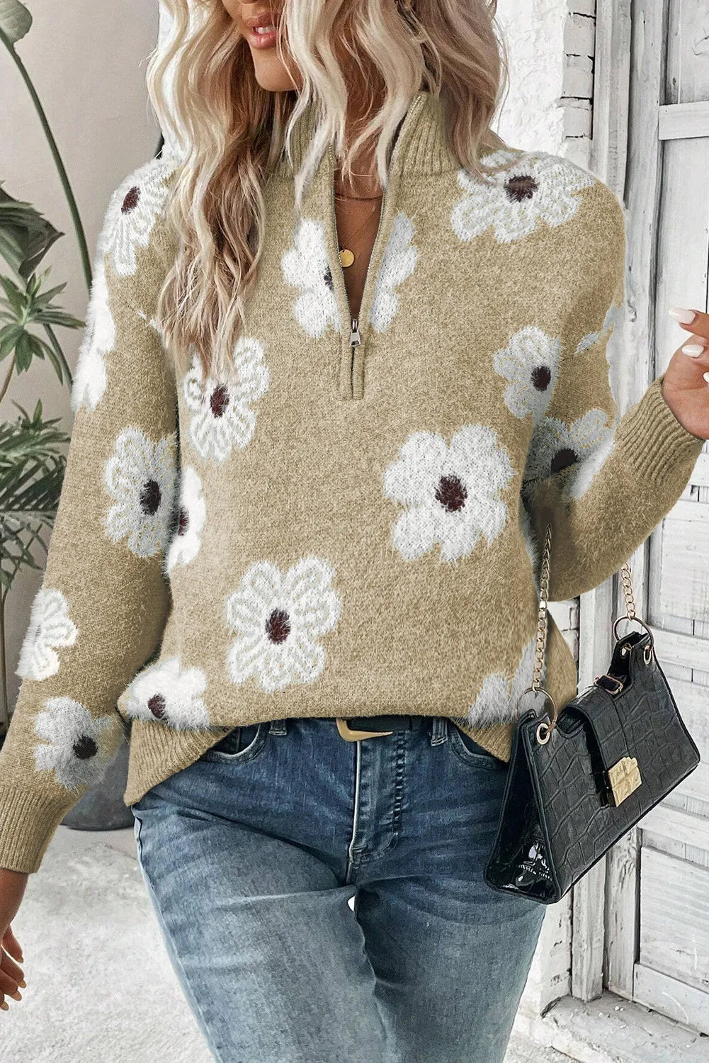 Beige flower half zip long sleeve sweater