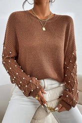 Brown pearl detail round neck sweater, front view