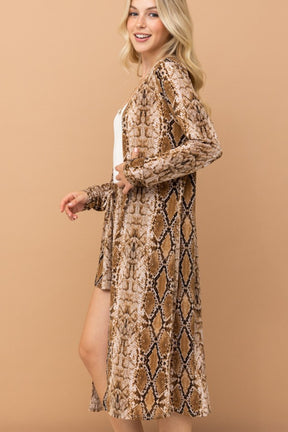 Snake print kimono open front longline cardigan, side view.