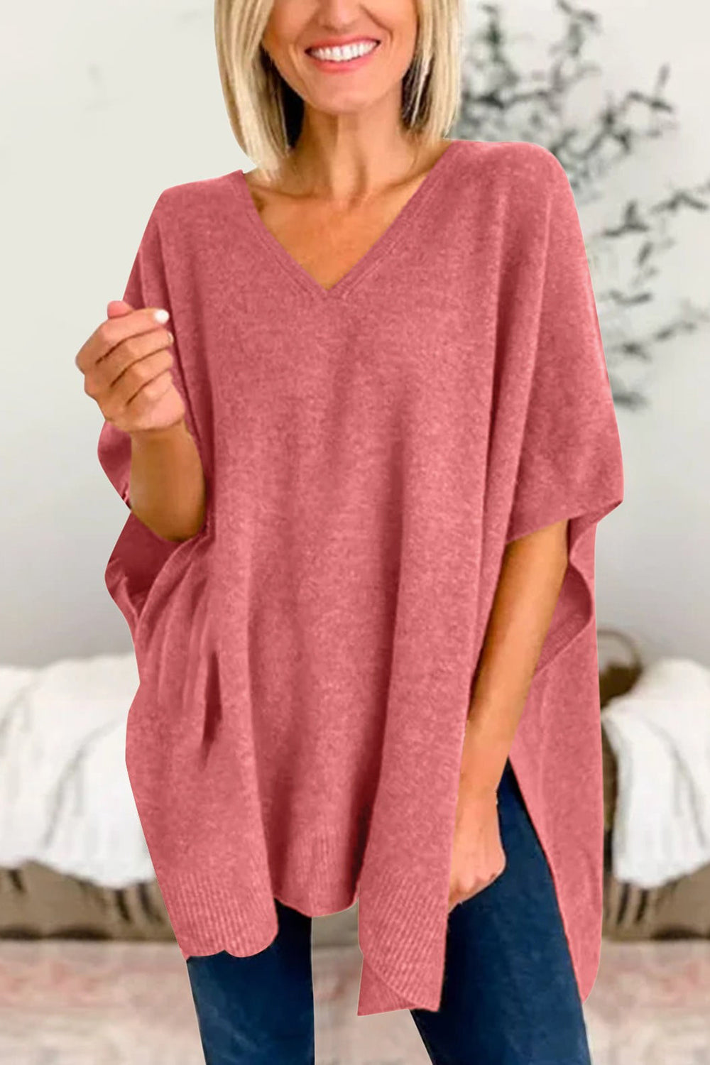 Dusty pink slit V-neck half sleeve knit top