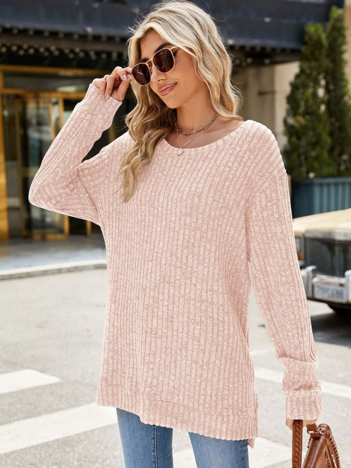 Pink round neck long sleeve t-shirt, feminine style