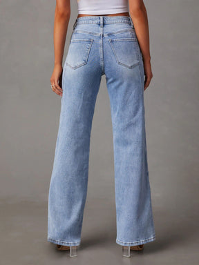 Back view of high waist straight jeans with pockets