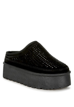 Black rhinestones embellished classic platform slip-on