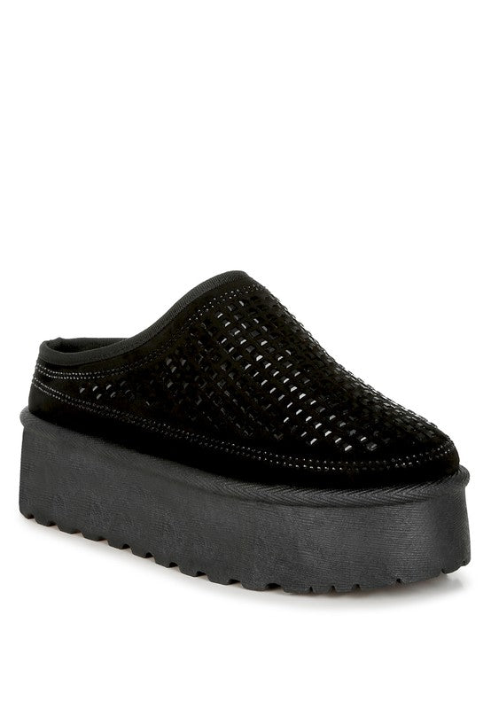 Black rhinestones embellished classic platform slip-on