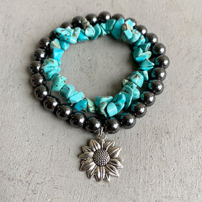 Turquoise alloy bracelet with sunflower charm