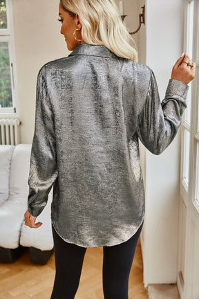 Silver pocketed collared neck long sleeve shirt, back view