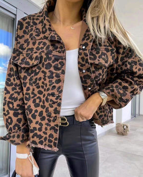 Raw hem leopard denim jacket with collared neck, front view