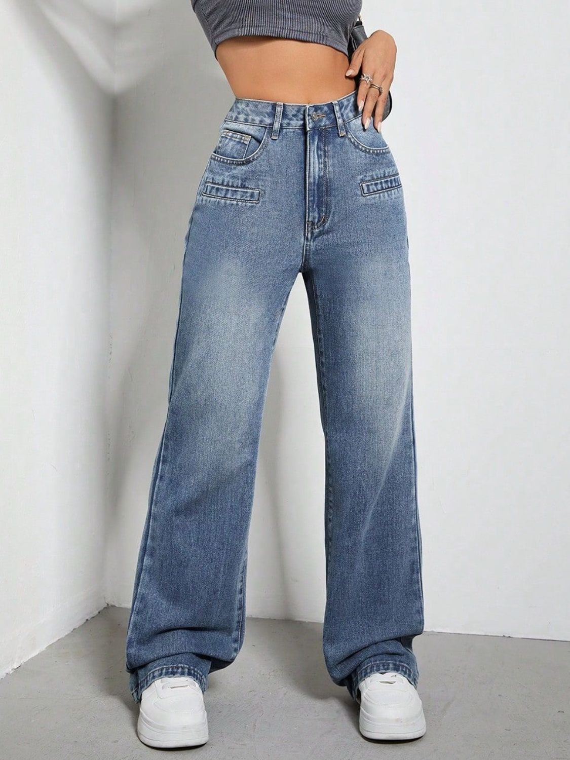 High rise wide leg jeans with pockets, front view