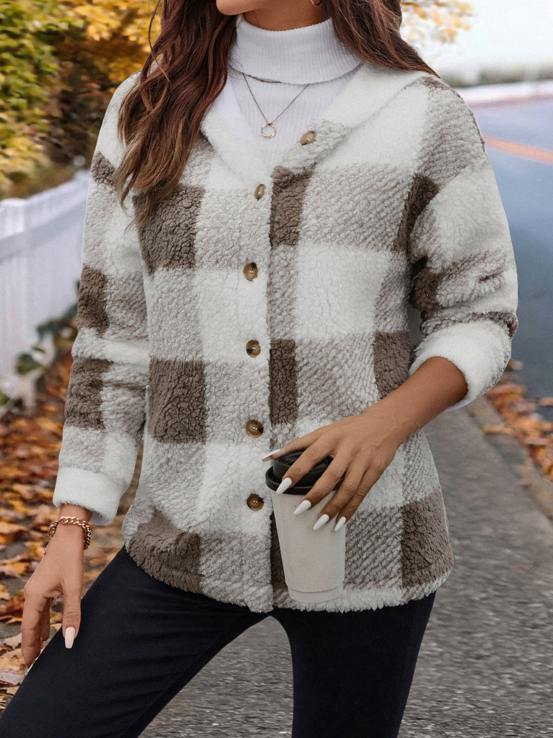 Fuzzy plaid button-up hooded jacket, button detail