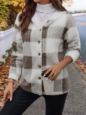 Fuzzy plaid button-up hooded jacket, button detail