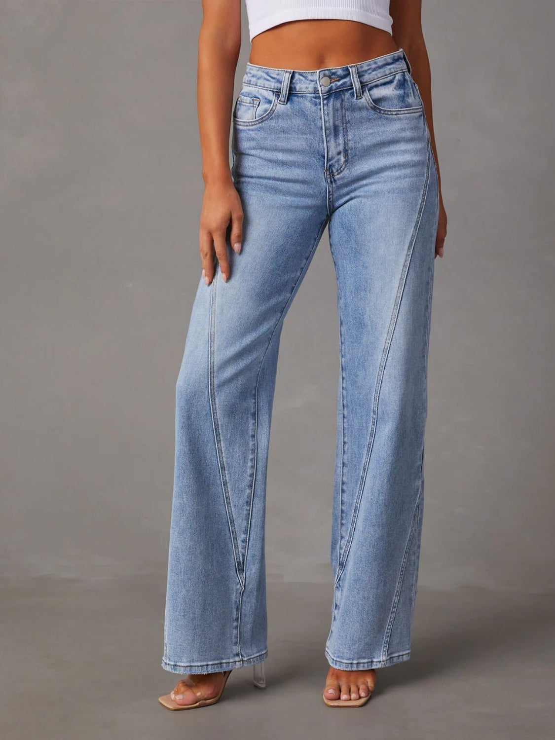 Front view of high waist straight jeans with pockets