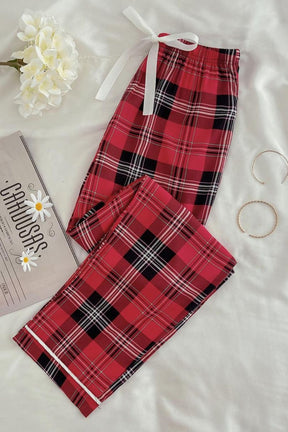 Red plaid tied loungewear pants with white ribbon