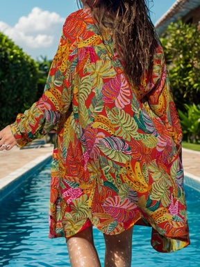 Back view of printed shirt with tropical design