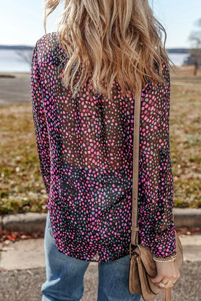 Printed notched long sleeve blouse, back view