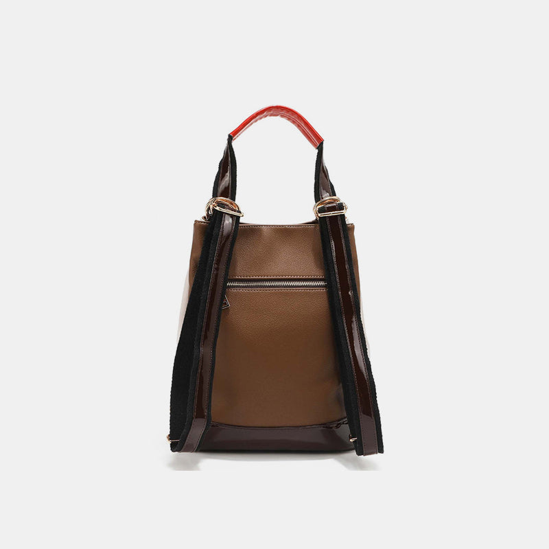 Back view of Nicole Lee USA bucket bag with brown panel