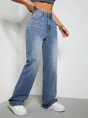 High rise wide leg jeans with pockets, angled view