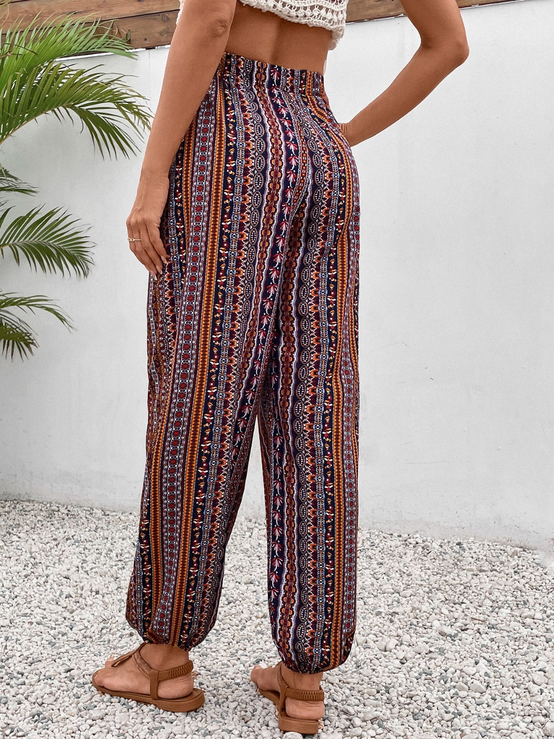 Boho tassel printed high waist pants back view