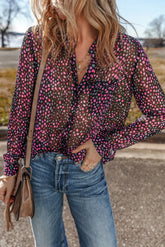 Printed notched long sleeve blouse, front view