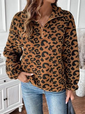 Leopard half zip long sleeve sweatshirt front view