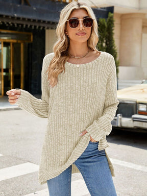 Beige round neck long sleeve t-shirt, chic style