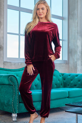 Wine long sleeve top and pants lounge set front view