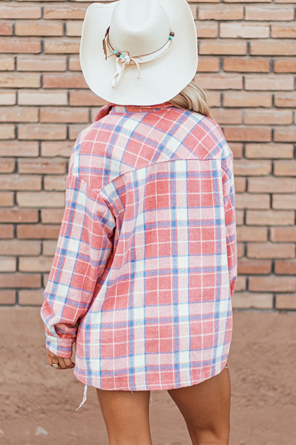 Plaid button-up long sleeve shacket back view