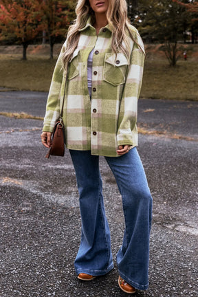 Sage plaid button-up long sleeve jacket styled with jeans