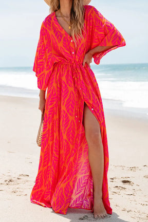 Vibrant drawstring printed V-neck maxi dress on beach