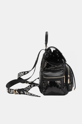 Side view of Nicole Lee sequin patch backpack